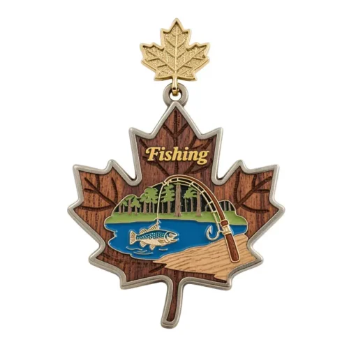 Fishing Events Wooden Medal with Zinc Alloy Decoration