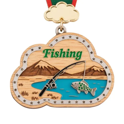Fishing Tournament Wooden Medal with Zinc Alloy Decoration